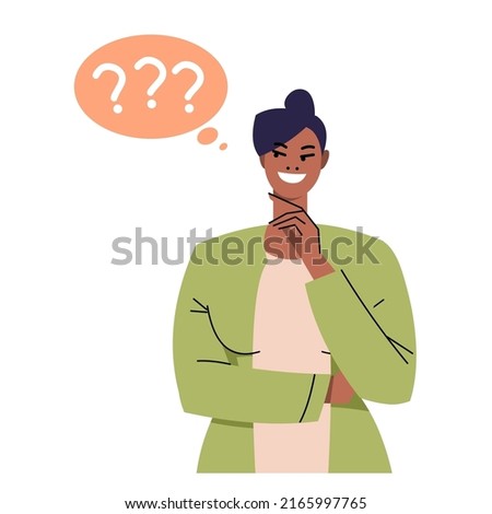 Young black woman thinking. Bubble of thoughts with question marks. Business woman ponders. The concept of thinking, solving business problems. Smiling character thinks about life, relationships. Flat