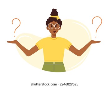 Young black woman thinking and making choice. Girl in glasses  solving problem, making decision and doubting. Vector illustration in flat cartoon style 