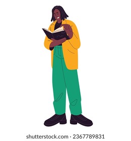 Young black woman turn page, study new information. Girl read paper book, self educational literature, people learn, get knowledges. Bookworms hobby flat isolated vector illustration on white