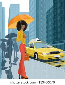 Young black woman with umbrella in the city in rainy weather