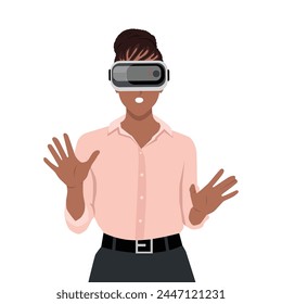 Young black woman wearing 3d glasses playing with virtual reality touching air with fingers. Flat vector illustration isolated on white background