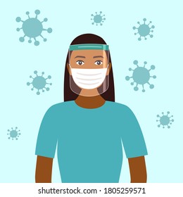 A young black woman wearing face mask and a plastic medical face shield. Close up shot female face wearing Covid-19 coronavirus protective mask. Healthcare equipment concept.