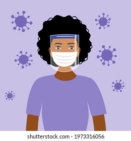 A young black woman wearing face mask and a plastic medical face shield. Close up shot female face wearing Covid-19 coronavirus protective mask. Healthcare equipment concept.