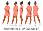Young Black Woman Wearing A Pink Dress And White Sneakers Is Depicted From Multiple Angles, Including Front, Back, And Side Views. She Has Her Hands Clasped Behind Her Back And Her Hair Tied In A Bun