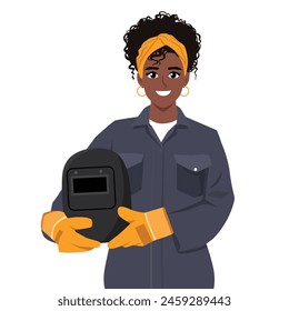 Young black woman welder in a uniform holding a protective helmet. Flat vector illustration isolated on white background