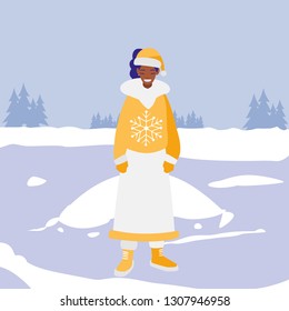 young black woman with winter clothes