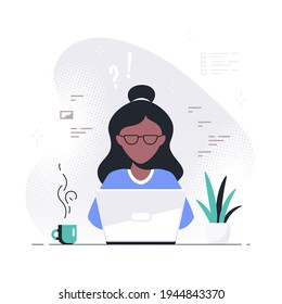 Young Black Woman Working On Laptop, Flat Design Vector