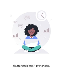 Young Black Woman Working On Laptop, Flat Design Vector