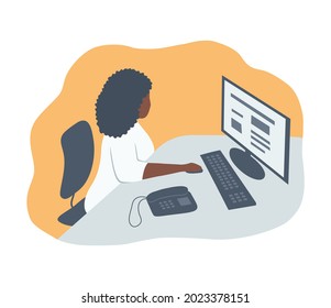 Young black woman works at the computer. Human icon. This could be an office worker, doctor, scientist, or other professional. There is a monitor, keyboard and telephone here. Vector illustration