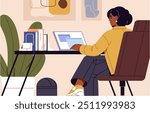 Young black woman works remote at home office. Employee typing in laptop at desk. Freelancer, worker sitting at workplace with computer back view. Girl studies in internet. Flat vector illustration