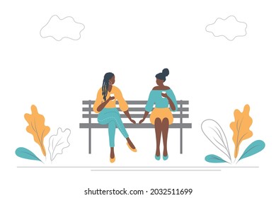 Young black women drink coffee on a bench in a park. They are chatting with each other. There are also plants and clouds in the picture. Flat style. Vector illustration