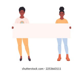 Young black women holding clean empty banner or placard. Activism, social movement. Democracy, rally and protest. Vector illustration in flat style