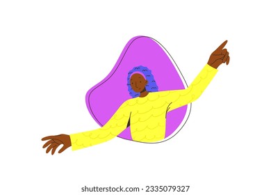 Young black-skinned woman on the purple background. Trendy colorful flat style. Vector illustration. Funny character. Dynamic pose. Student in school or university. International day of young people