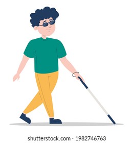 Niño ciego caminando con un vector de caña aislado. Carácter masculino con gafas de sol con palo. Concepto de personas con discapacidad. Niños con problemas