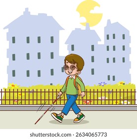 Young blind boy walking with a cane vector isolated. Male character in sunglasses with stick. Concept of people with disabilities. Impaired child
