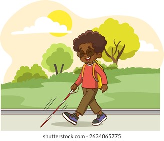 Jovem cego caminhando com um vetor de bengala isolado. Personagem masculino em óculos escuros com pau. Conceito de pessoas com deficiência. Criança deficiente