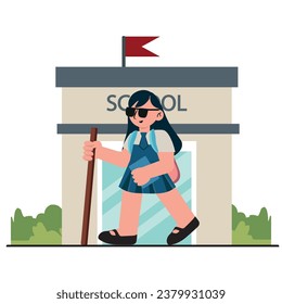 young blind disabled girl student pass road go to school wear uniform and backpack with stick back to school illustration.