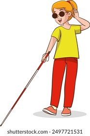 Young blind girl walking with a cane vector isolated. Female character in sunglasses with stick. Concept of people with disabilities. Impaired child