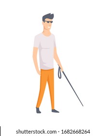 Young blind guy with stick. Young handicapped