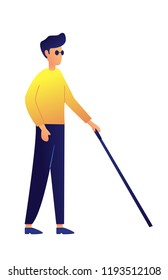 Joven ciego con gafas oscuras caminando con ilustración vectorial de palo. Personas con discapacidad y discapacitados, ceguera y mala vista, concepto incapaz. Aislado sobre fondo blanco.