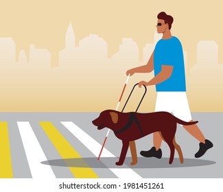 Young blind man with guide dog, copy space template. Flat vector stock illustration. An inclusive street for a disabled person. Dog Lobrador companion. Blind with a pet. Overlay illustration
