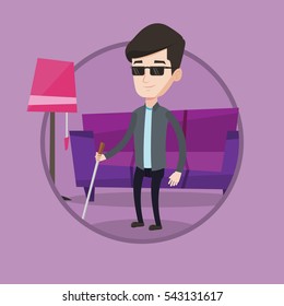 Junge Blinde stehen mit Gehstock. Blinder Mann in dunkler Brille steht mit Rohr zu Hause. Blinder Mann, der mit Stock geht. Vektorflache Design-Illustration im Kreis einzeln auf Hintergrund.
