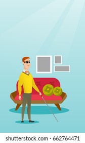 Young blind man standing with a walking stick at his house. Blind man wearing dark glasses and standing with a cane. Blind man walking with a stick. Vector flat design illustration. Vertical layout.