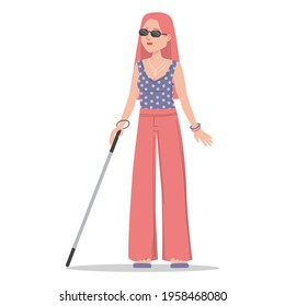 Young blind woman walking with a cane vector isolated. Female character in sunglasses with stick. Concept of people with disabilities. Impaired person