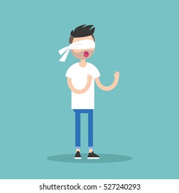 Blindfolded man point at screen Royalty Free Vector Image