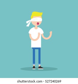 Young blindfolded blond boy trying to find the right direction / flat editable vector illustration, clip art