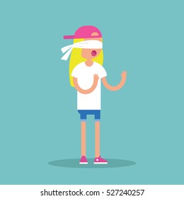 Young blindfolded blond girl trying to find the right direction / flat editable vector illustration, clip art