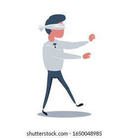Young blindfolded businessman trying to find the right direction. Business concept. Stock flat vector illustration.