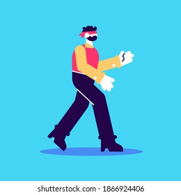 Young blindfolded character walking in the dark. Side view. Business risks. Lack of information. Flat editable vector illustration, clip art