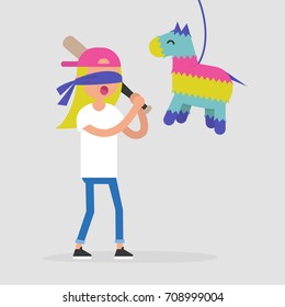 Young blindfolded girl breaking a Pinata with a baseball bat / flat editable vector illustration, clip art