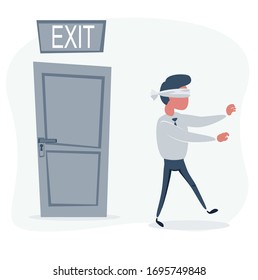 young blindfolded woman. can not find a way out. Vector flat design illustration.