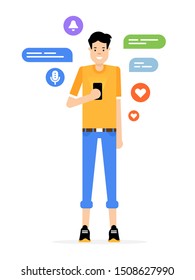 Young blogger in a chat flat design illustration. Funny guy with the smartphoe. Communications in a social media flat design illustration. 