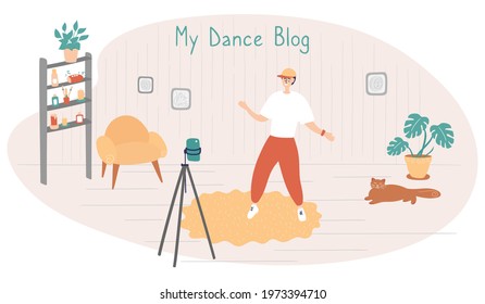 Young blogger. Dancer is dancing in front of camera. Guy shoots funny video for social networks. Vector hand drawn illustration in cartoon style