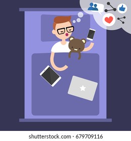 Young blogger dreaming about success in social media / flat editable vector illustration, clip art
