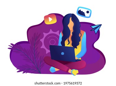 A young blogger girl is sitting at a laptop and editing videos and collecting content. World Blogger's Day. Information, Internet, mass media. illustration for a website, mobile app, or article.