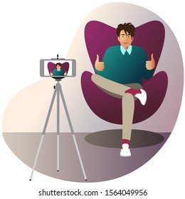 a young blogger makes a video on a smartphone. vector illustration. EPS 10.