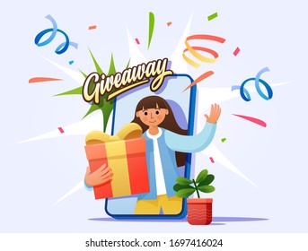 Young blogger or vlogger girl organizes the giveaway. Сharacter girl who gives a gift. Concept flat vector illustration for web landing page, banner, social media, poster, application. 