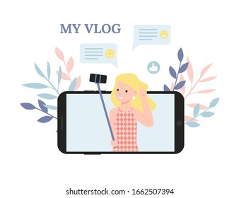 Young blogger or vlogger girl. Woman holds selfie stick device and photo of yourself from a distance on mobile phone. Concept flat vector illustration web landing page, banner, social media, poster.