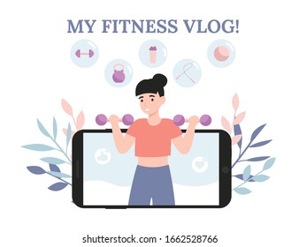 Young blogger or vlogger girl. Woman do fitness and shoot video lessons on camera. Concept flat vector illustration for web landing page, banner, social media, poster, application.