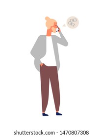 Young blond bearded man talking using smartphone. Hipster guy having phone conversation or dialog. Male character with electronic device or mobile gadget. Flat cartoon colorful vector illustration.