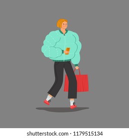 Young blond bob woman strolls after shopping. Naive style vector.