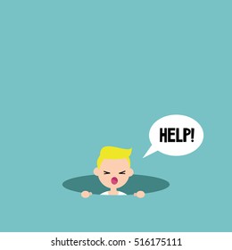 Young blond boy calling for help in the pit / editable flat vector illustration, clip art