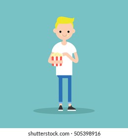 young blond boy chewing popcorn / full length character. flat vector cartoon.