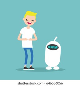 young blond boy and cute robot laughing out loud / flat vector editable illustration