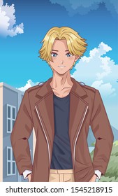 young blond boy hentai style character outdoor scene vector illustration design