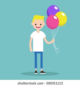 Young blond boy holding a bunch of colorful balloons, editable flat vector illustration